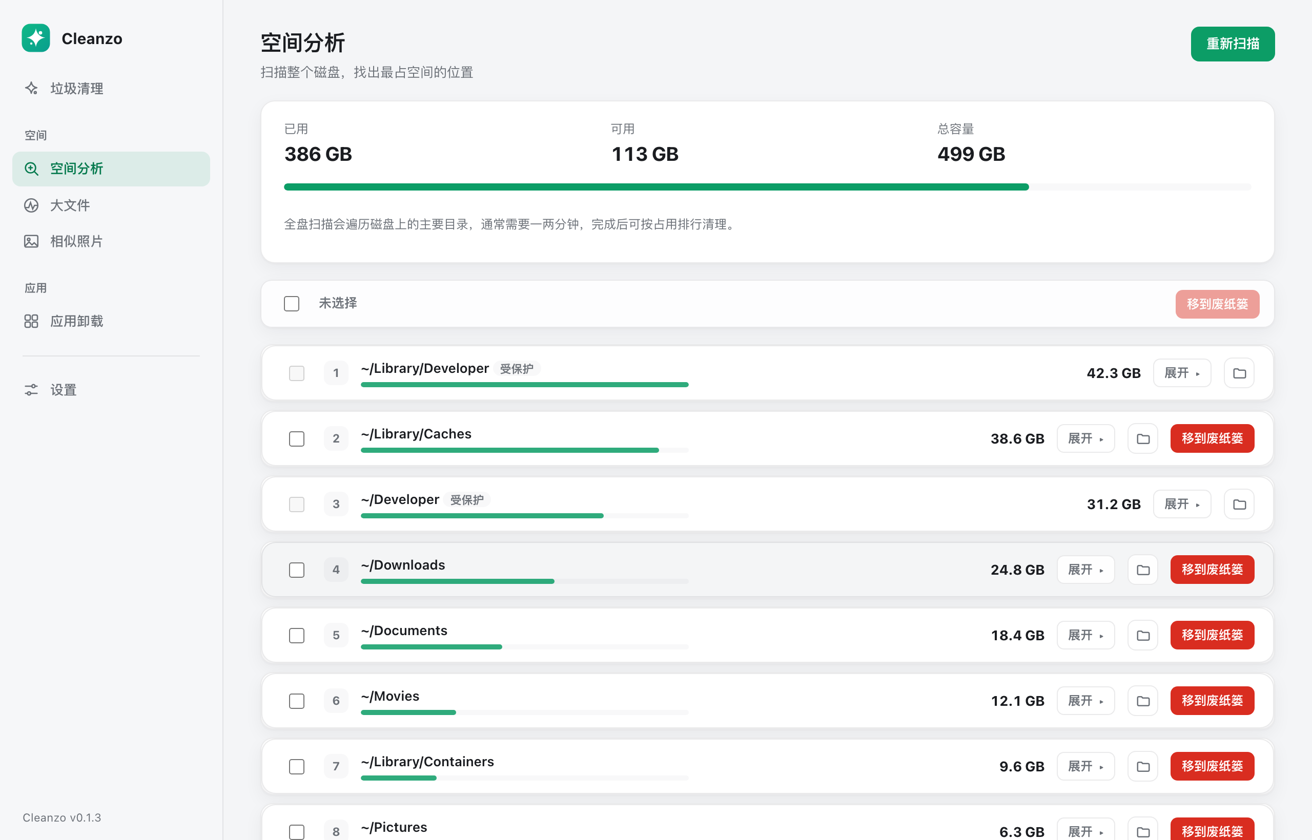 空间分析：目录占用一览，支持逐层下钻。